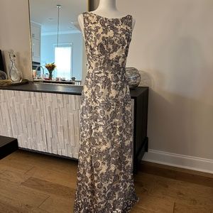 Tory Burch Grey and Ivory Leaf Motif Lace Evening Gown - Size 6